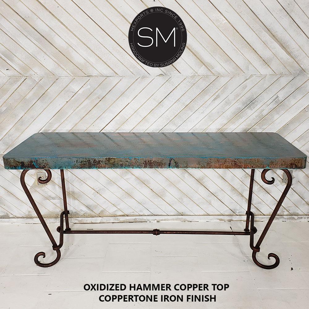 Mexports by Susana Molina 72" Oxidized Hammered Copper Rectangular Console Table With Vintage Iron Base