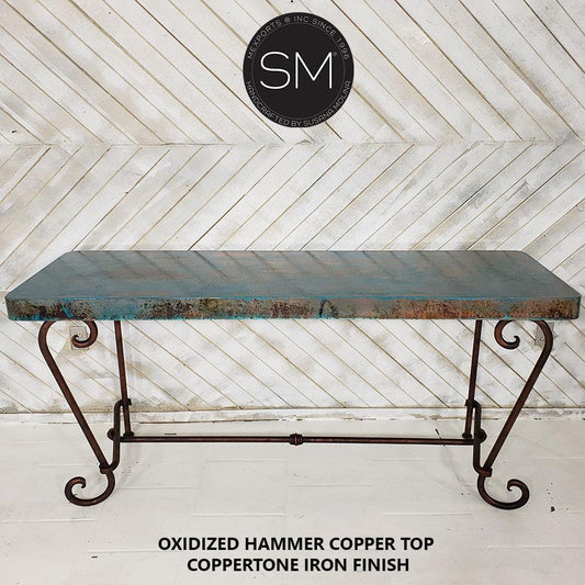 Mexports by Susana Molina 72" Oxidized Hammered Copper Rectangular Console Table With Vintage Iron Base