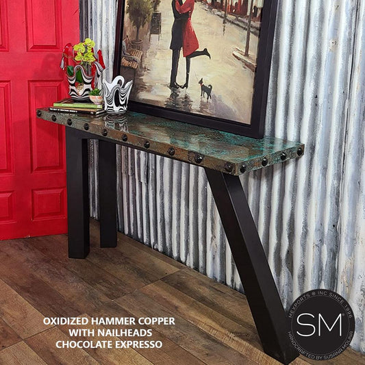 Mexports by Susana Molina 72" Oxidized Hammered Copper With Nailheads on Edge Rectangular Console Table