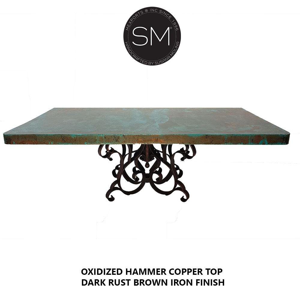 Mexports by Susana Molina 72" x 42" Oxidized Hammer Copper Single Pedestal Rectangular Dining Table