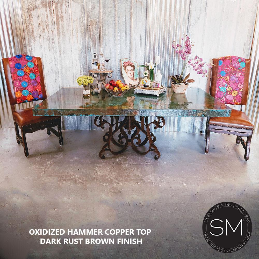 Mexports by Susana Molina 72" x 42" Oxidized Hammer Copper With Nailheads Single Pedestal Rectangular Dining Table