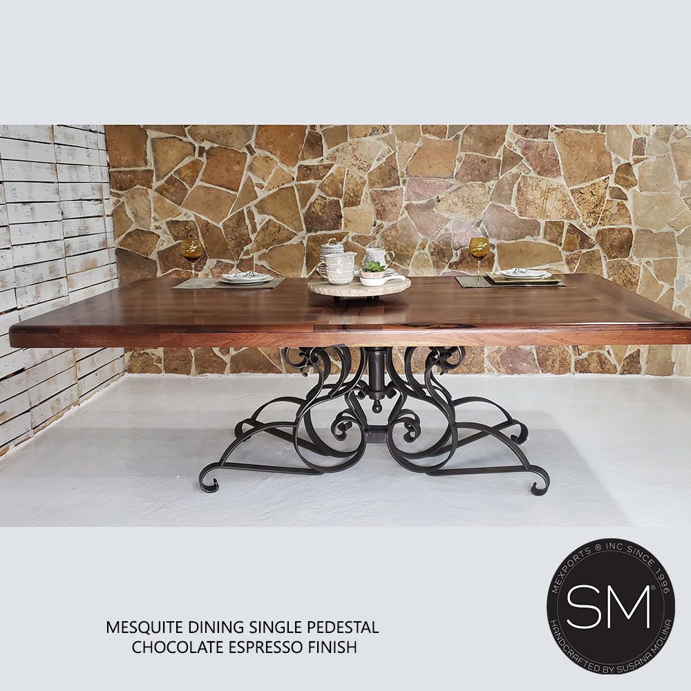 Mexports by Susana Molina 84" Mesquite Wood Top Rounded Corners Red Coral Inlay Single Pedestal Rectangular Dining Table
