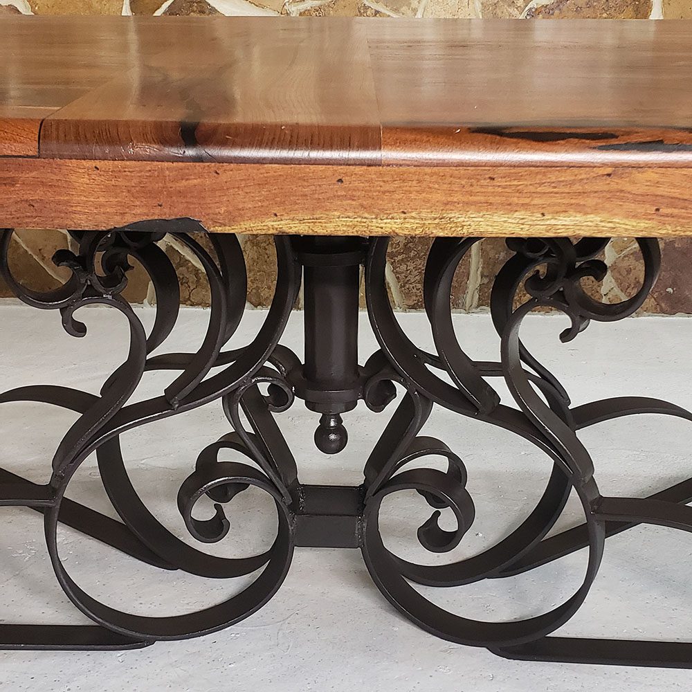 Mexports by Susana Molina 96" Mesquite Wood Top Rounded Corners Gold Citrine Inlay With Nailheads on Edge Single Pedestal Rectangular Dining Table