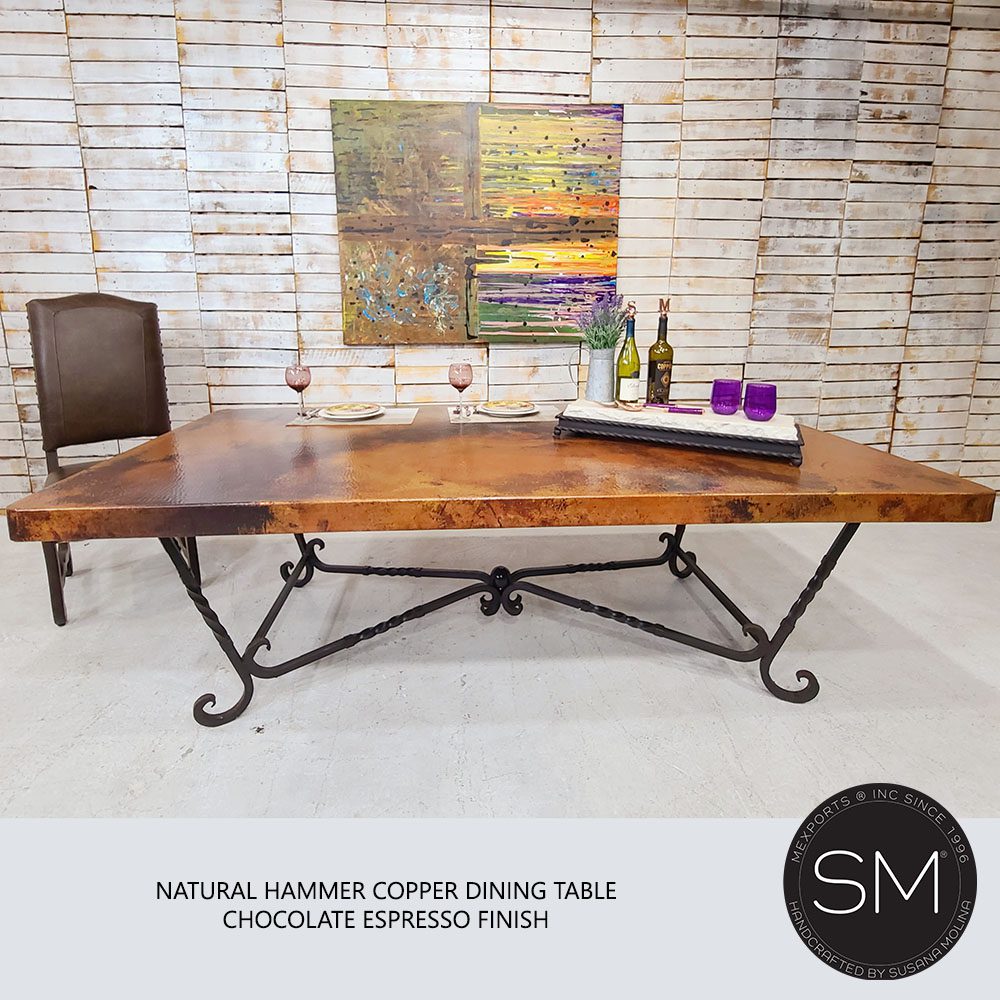 Mexports by Susana Molina 96" Natural Hammered Copper Top Single Pedestal Rectangular Dining Table