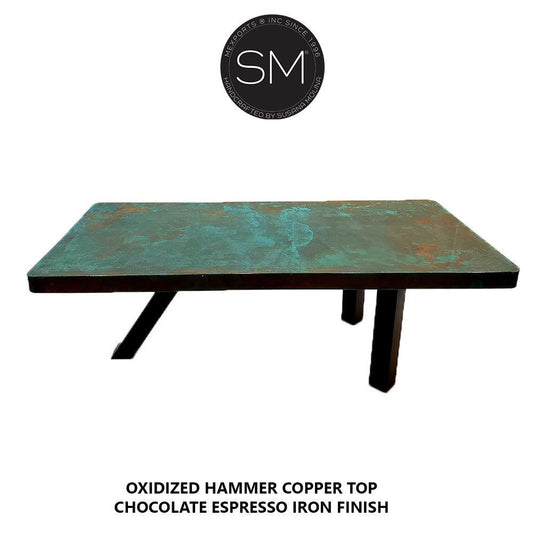 Mexports by Susana Molina 96" Oxidized Hammer Copper Top Rectangular Dining Table With Wrought Iron Legs