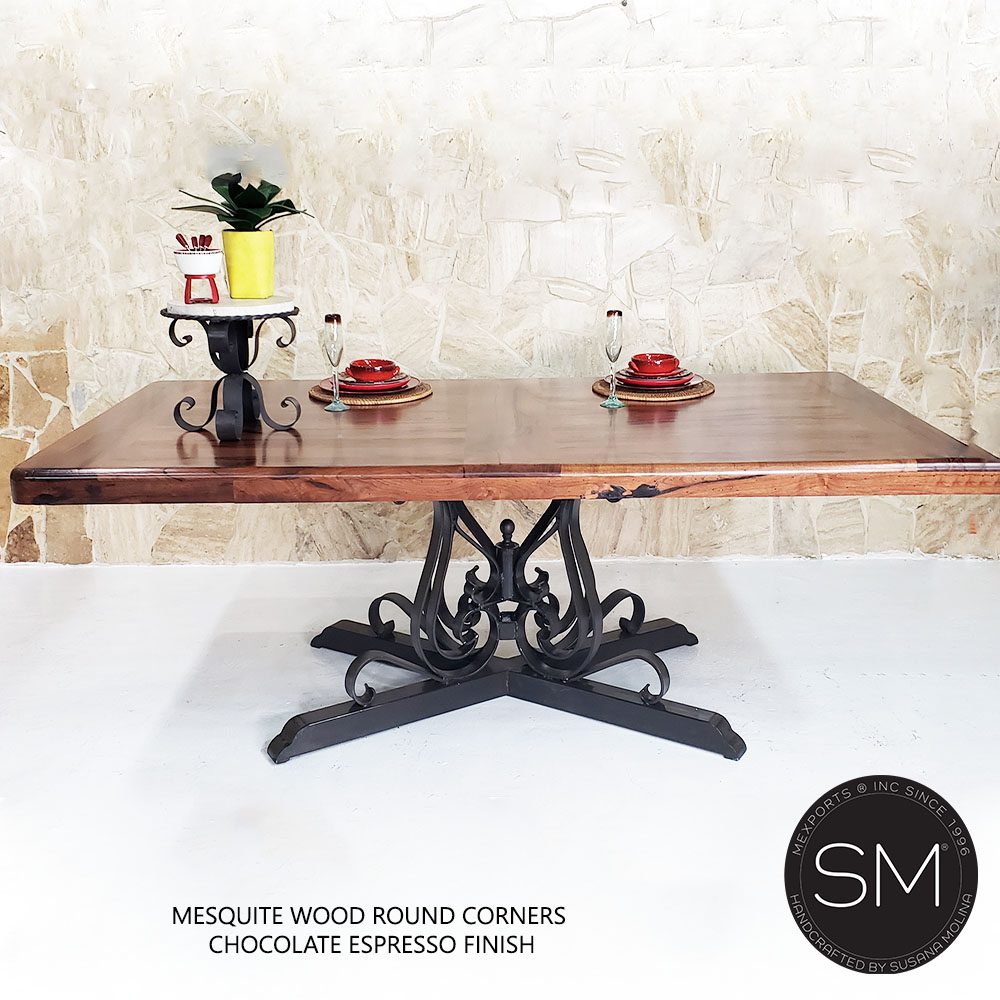 Mexports by Susana Molina 96" x 48" Mesquite Wood Top Rounded Corners With Nails on Edge Awe-Inspiring Rectangular Dining Table With Hammer Copper Inlay