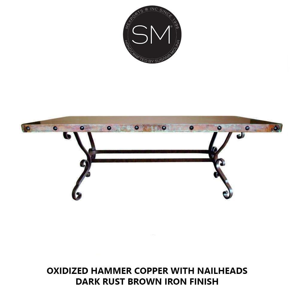 Mexports by Susana Molina 96" x 48" Oxidized Hammered Copper With Nailheads Classic Rectangular Dining Table