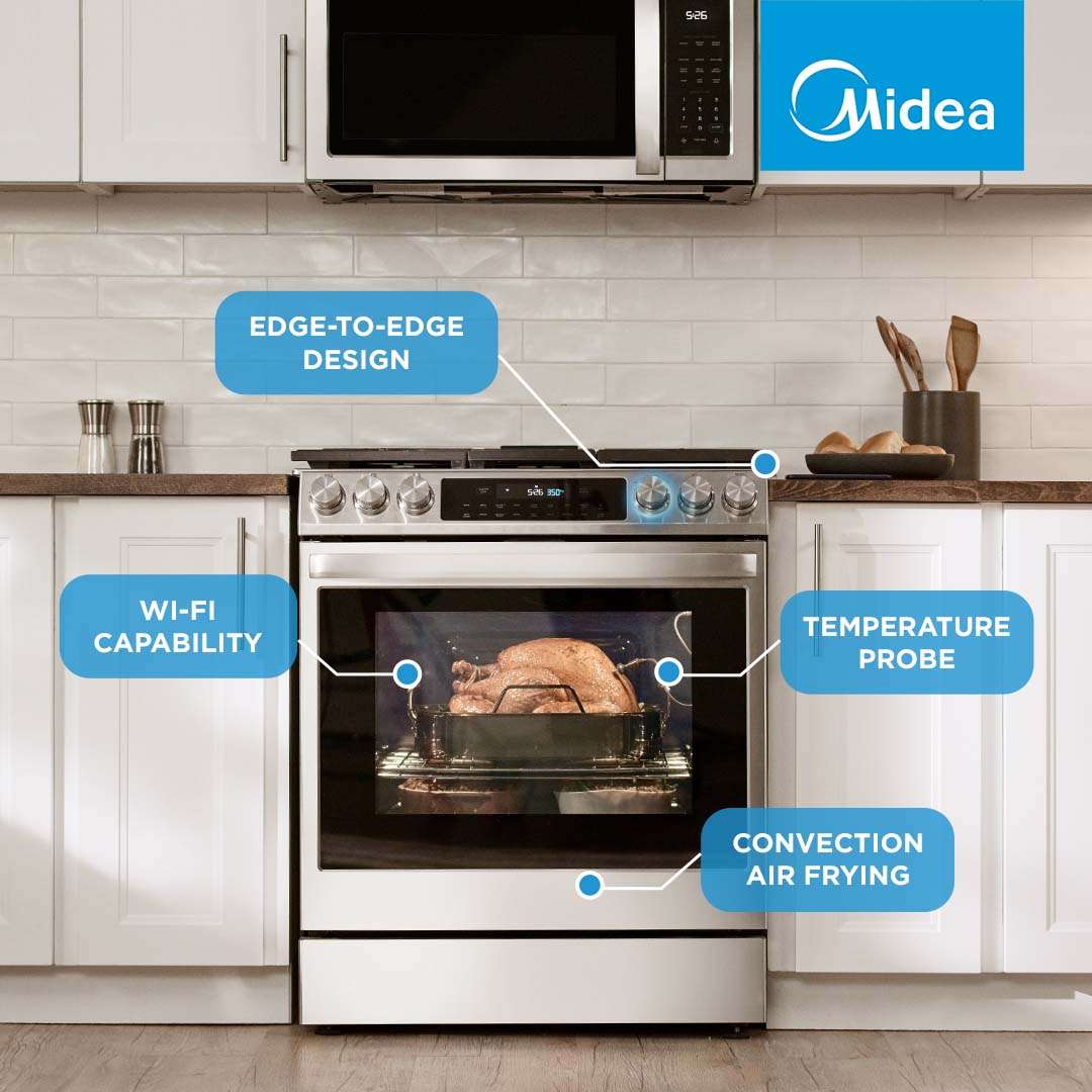 Midea Smart 30" Self-Cleaning Gas Range With 5 Burners & Air Fry Convection - MGS30S4AST