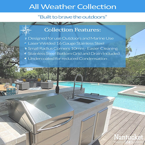 Nantucket Sinks 19" x19" AW1919-16 All-Weather Undermount Outdoor Use Stainless Steel Sink