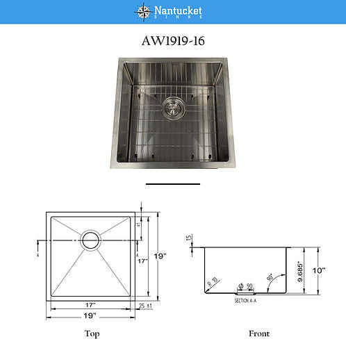 Nantucket Sinks 19" x19" AW1919-16 All-Weather Undermount Outdoor Use Stainless Steel Sink