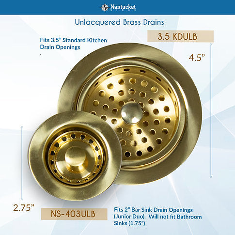 Nantucket Sinks 2.75" Junior Duo Unlacquered Brass Bar Sink Drain