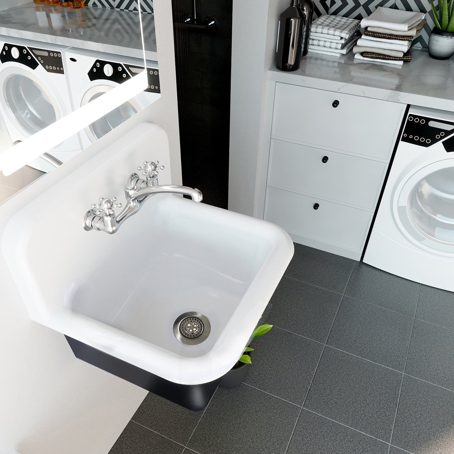 Nantucket Sinks Anchor 22" Single Bowl Wall Mount Cast Iron Utility/Kitchen Sink With Chrome Drain Set