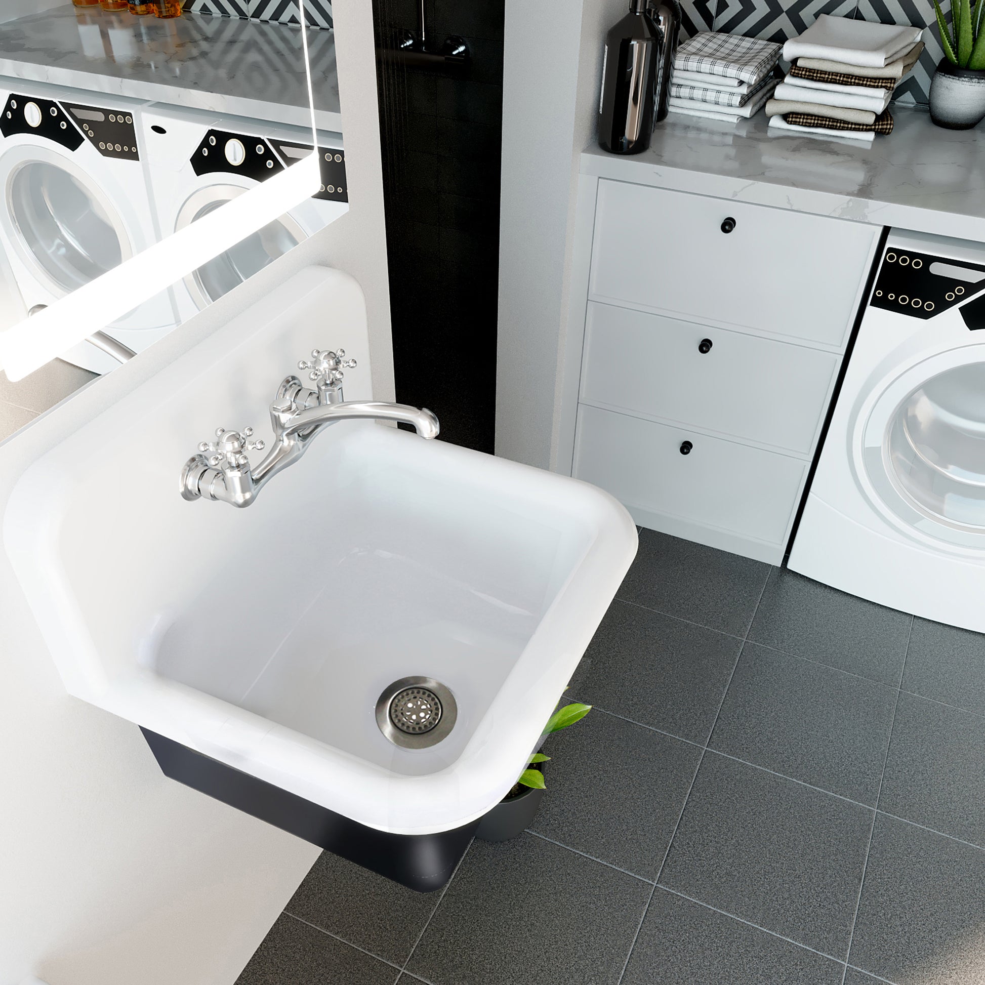 Nantucket Sinks Anchor 22" Single Bowl Wall Mount Cast Iron Utility/Kitchen Sink With Chrome Drain Set