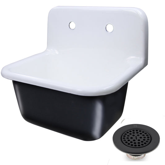 Nantucket Sinks Anchor 22" Single Bowl Wall Mount Cast Iron Utility/Kitchen Sink With Matte Black Drain Set