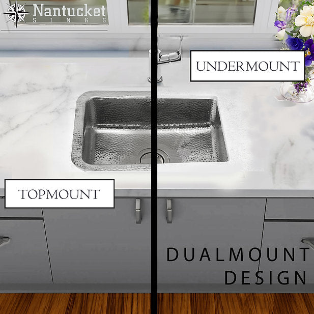 Nantucket Sinks Brightwork 20" Dual Mount Hand-Hammered Single Bowl Stainless Steel Bar Sink