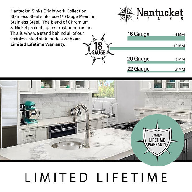 Nantucket Sinks Brightwork 20" Dual Mount Hand-Hammered Single Bowl Stainless Steel Bar/Island Sink