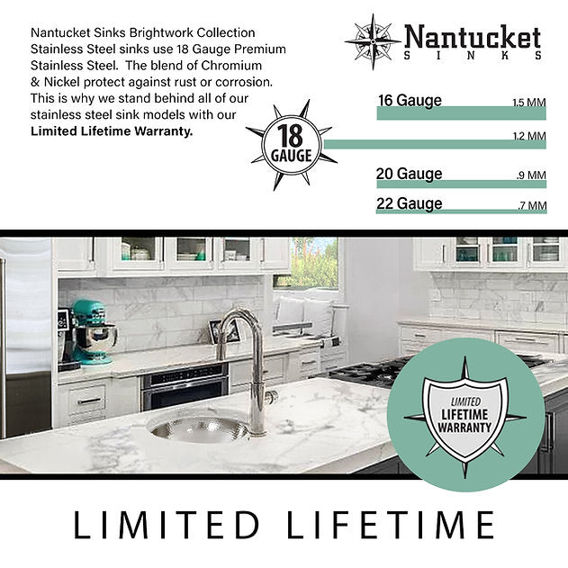 Nantucket Sinks Brightwork Home 13" Round Undermount/Topmount Polished Stainless Steel Single Bowl Hammered Bar Sink