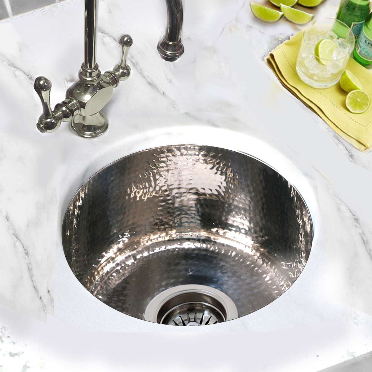 Nantucket Sinks Brightwork Home 15" Round Undermount or Overmount Polished Stainless Steel Single Bowl Hammered Bar Sink