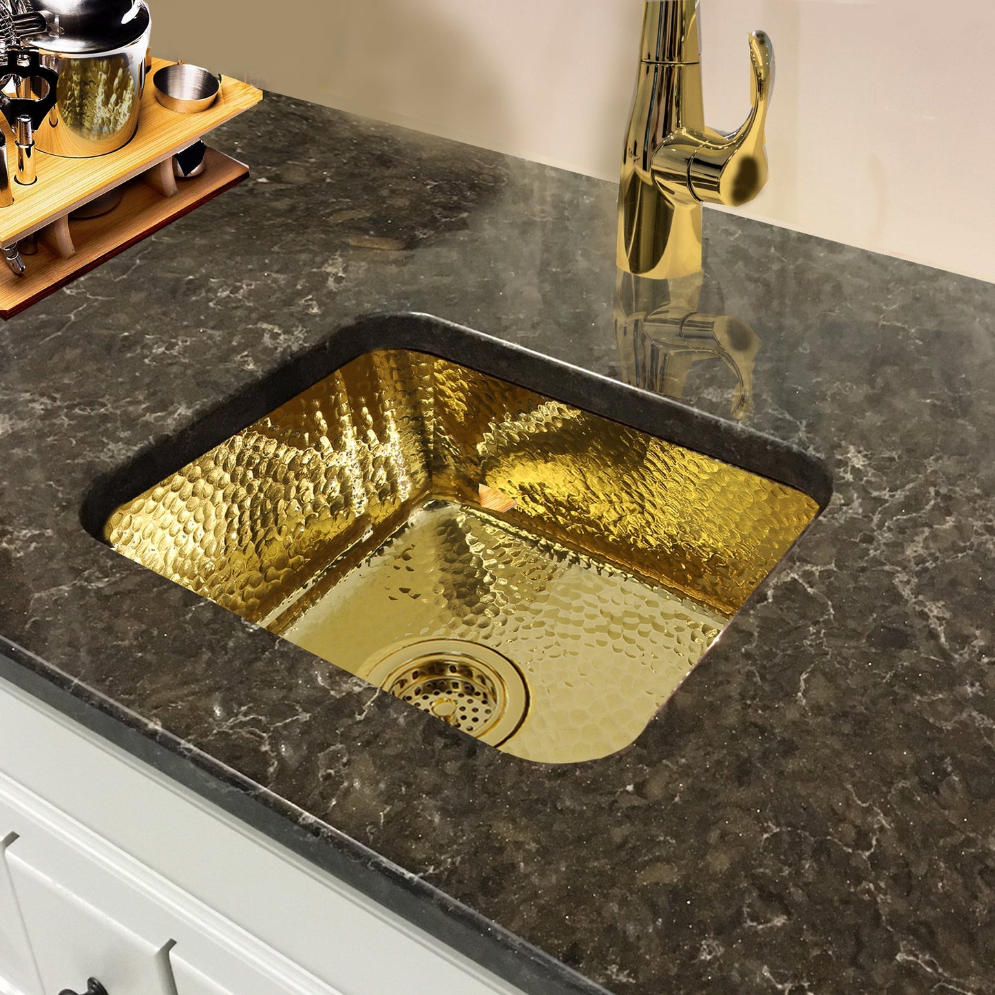Nantucket Sinks Brightwork Home 17" Square Undermount or Overmount Polished Brass Single Bowl Hammered Bar Sink