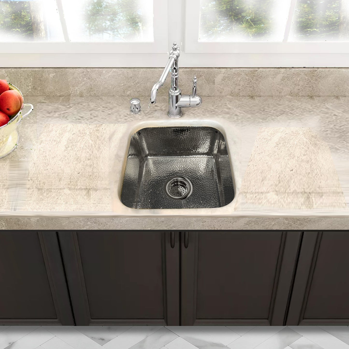 Nantucket Sinks Brightwork Home 17" Square Undermount or Overmount Polished Stainless Steel Single Bowl Hammered Bar Sink