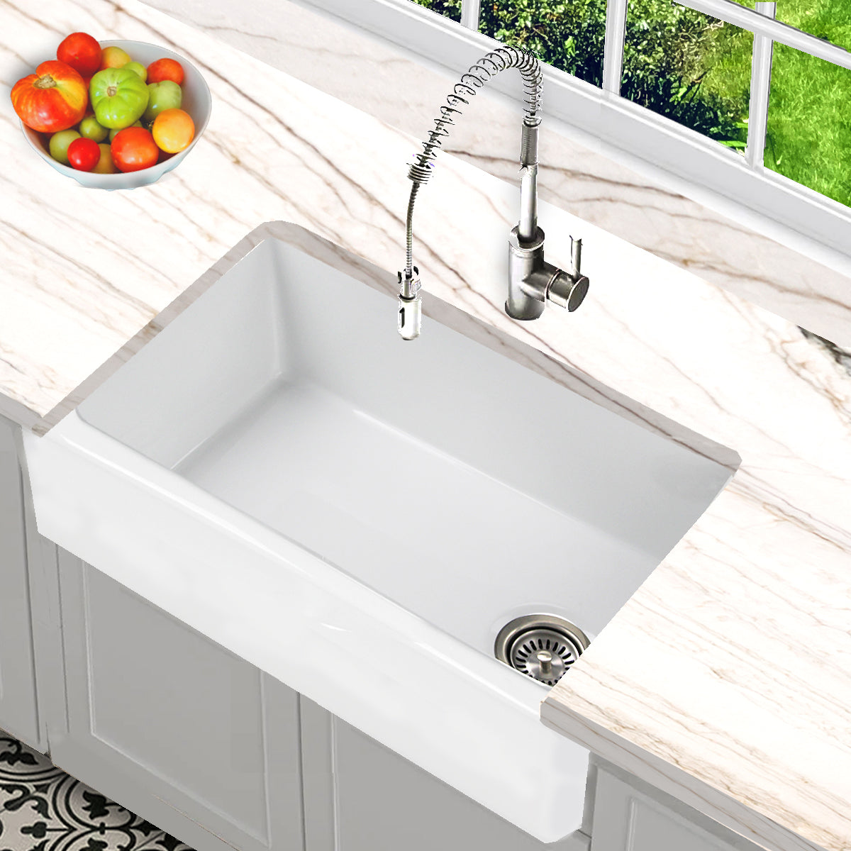 Nantucket Sinks Cape Collection 30" Rectangle Undermount Porcelain Enamel Glaze White Fireclay Single Bowl Farmhouse Apron Kitchen Sink With Offset Drain and Grid