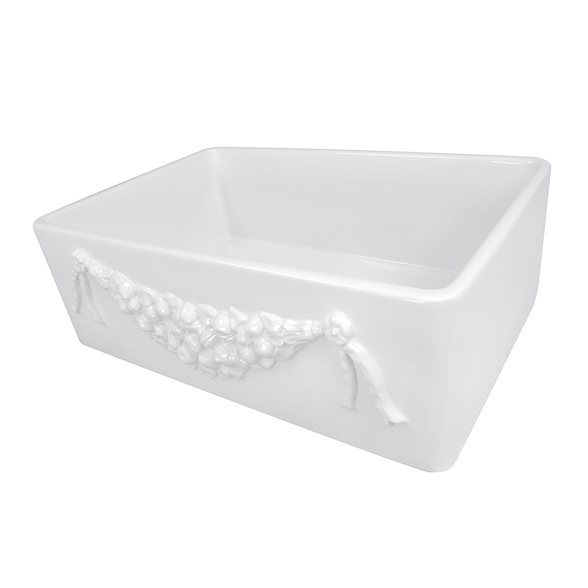 Nantucket Sinks Cape Collection 30" Rectangle Undermount Porcelain Enamel Glaze White Fireclay Single Bowl Italian Farmhouse Apron Kitchen Sink With an Embossed Decorative Garland Design
