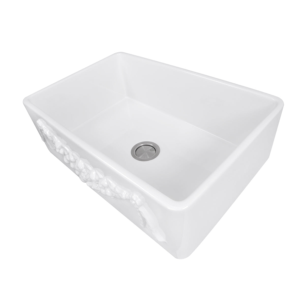 Nantucket Sinks Cape Collection 30" Rectangle Undermount Porcelain Enamel Glaze White Fireclay Single Bowl Italian Farmhouse Apron Kitchen Sink With an Embossed Decorative Garland Design