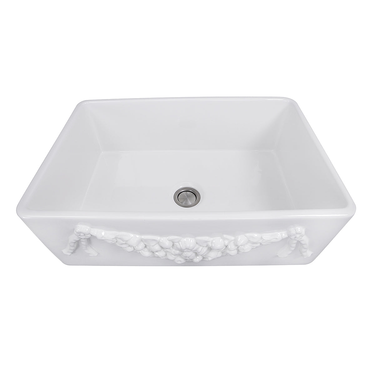 Nantucket Sinks Cape Collection 30" Rectangle Undermount Porcelain Enamel Glaze White Fireclay Single Bowl Italian Farmhouse Apron Kitchen Sink With an Embossed Decorative Garland Design