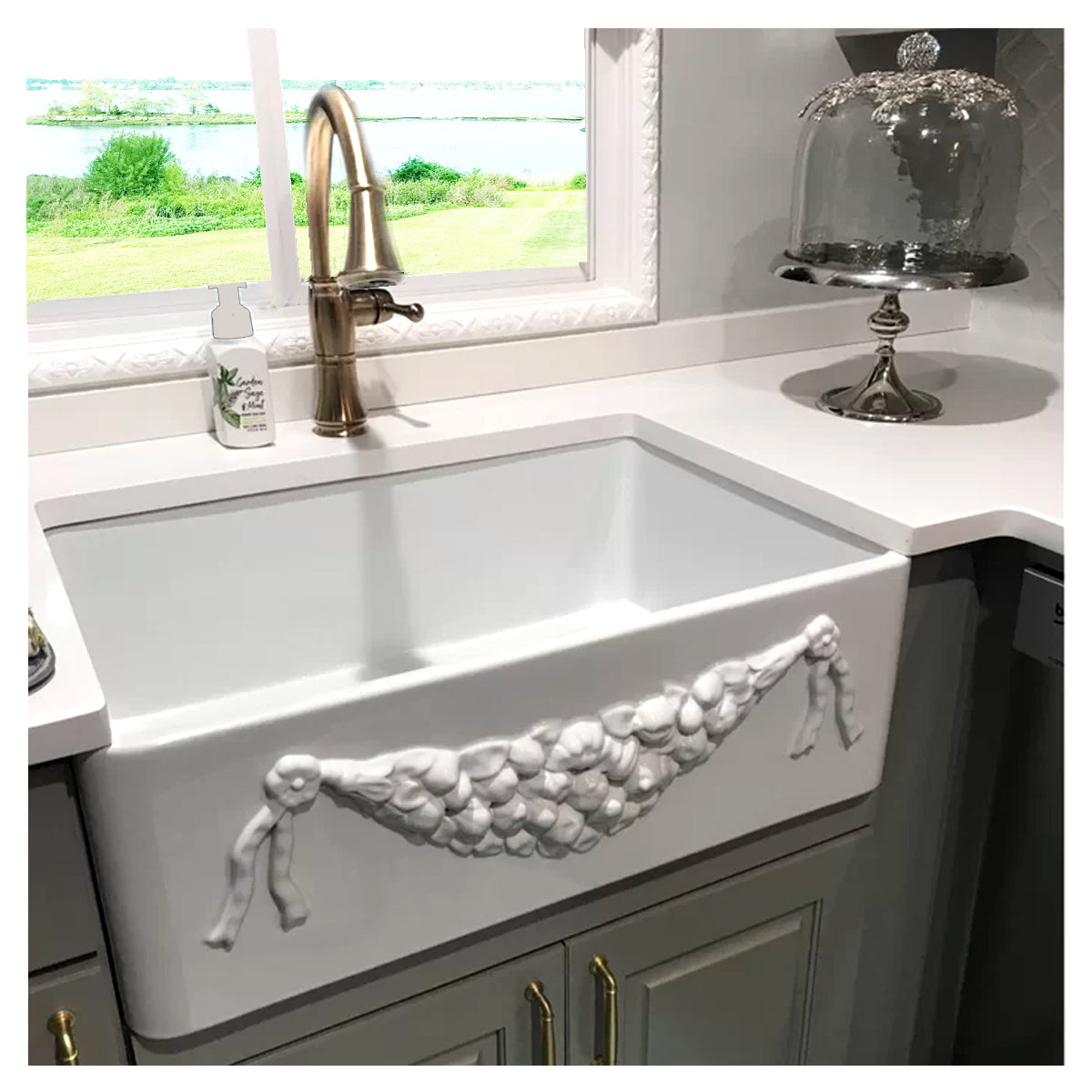 Nantucket Sinks Cape Collection 30" Rectangle Undermount Porcelain Enamel Glaze White Fireclay Single Bowl Italian Farmhouse Apron Kitchen Sink With an Embossed Decorative Garland Design