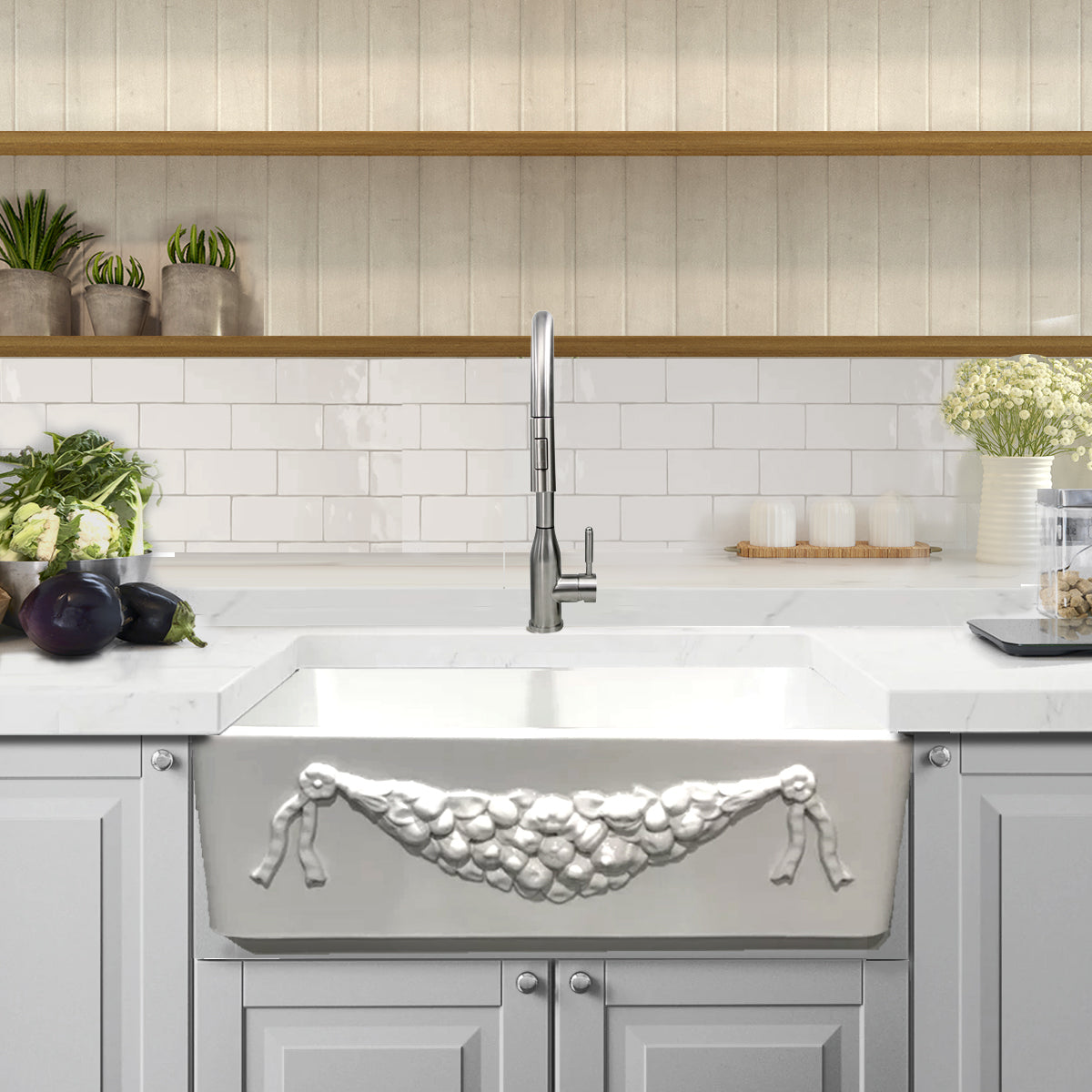 Nantucket Sinks Cape Collection 30" Rectangle Undermount Porcelain Enamel Glaze White Fireclay Single Bowl Italian Farmhouse Apron Kitchen Sink With an Embossed Decorative Garland Design