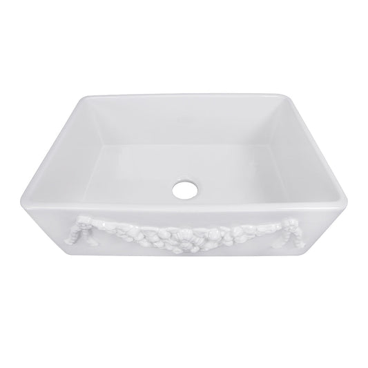 Nantucket Sinks Cape Collection 30" Rectangle Undermount Porcelain Enamel Glaze White Fireclay Single Bowl Italian Farmhouse Apron Kitchen Sink With an Embossed Decorative Garland Design