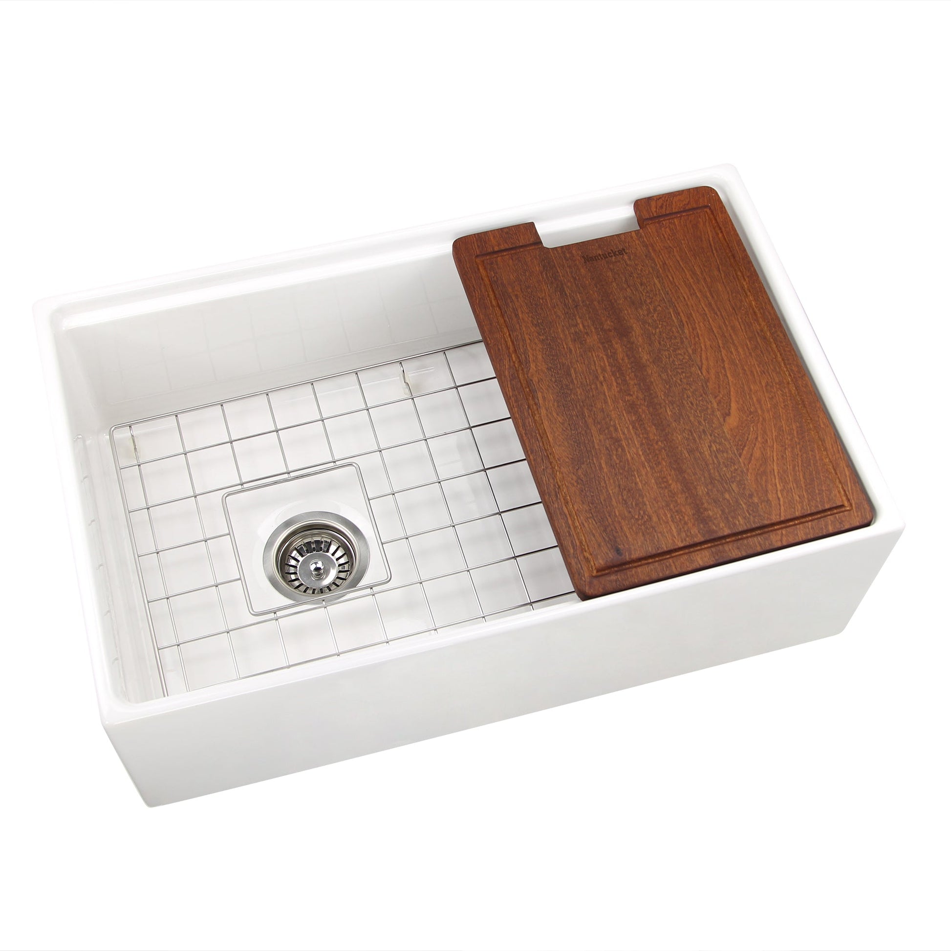 Nantucket Sinks Cape Collection 30" Rectangle Undermount Porcelain Enamel Glaze White Fireclay Single Bowl Reversible Workstation Apron Kitchen Sink With Offset Drain and Accessories