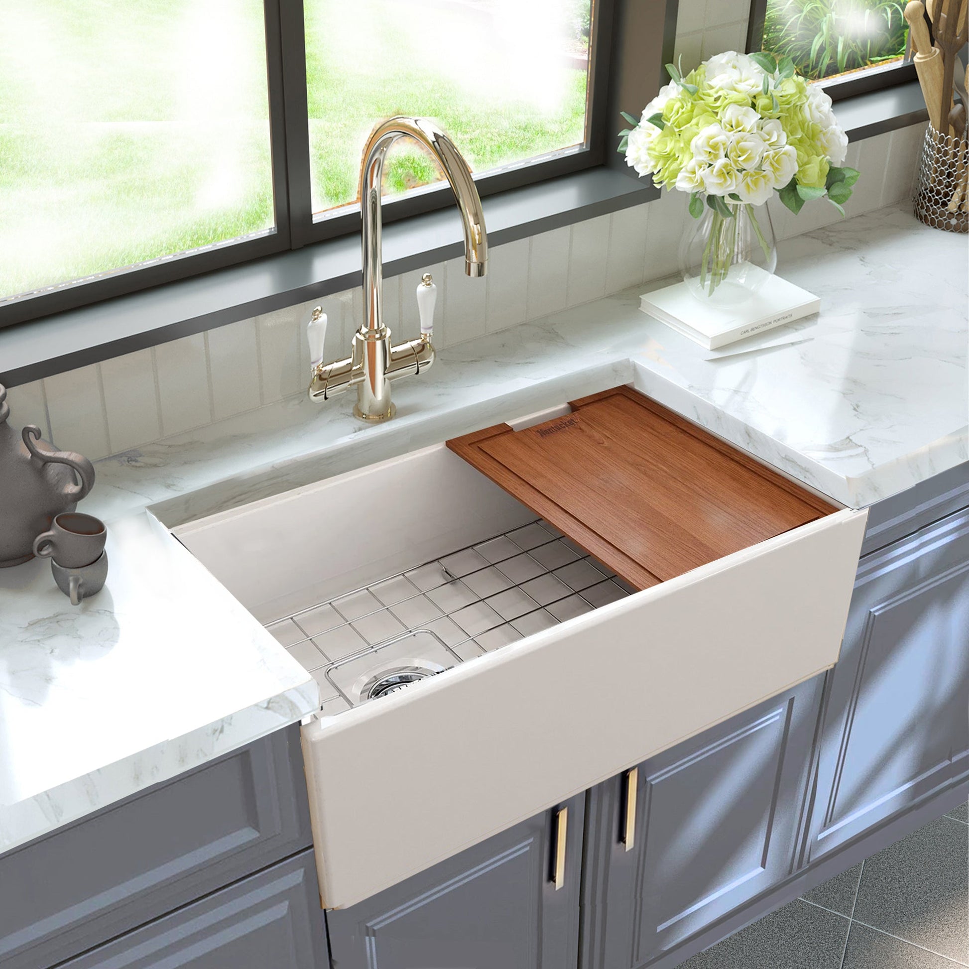 Nantucket Sinks Cape Collection 30" Rectangle Undermount Porcelain Enamel Glaze White Fireclay Single Bowl Reversible Workstation Apron Kitchen Sink With Offset Drain and Accessories