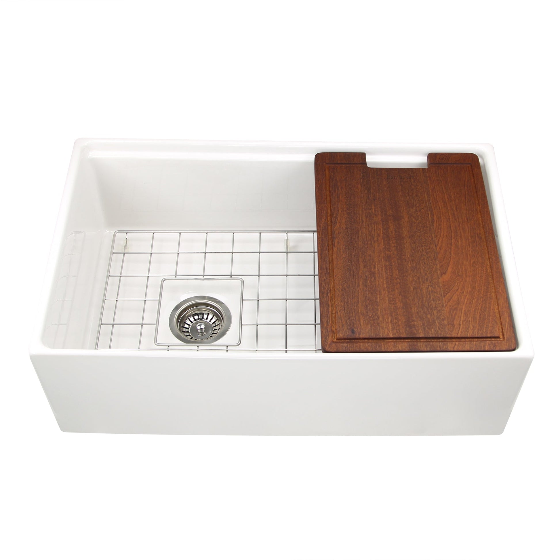Nantucket Sinks Cape Collection 30" Rectangle Undermount Porcelain Enamel Glaze White Fireclay Single Bowl Reversible Workstation Apron Kitchen Sink With Offset Drain and Accessories