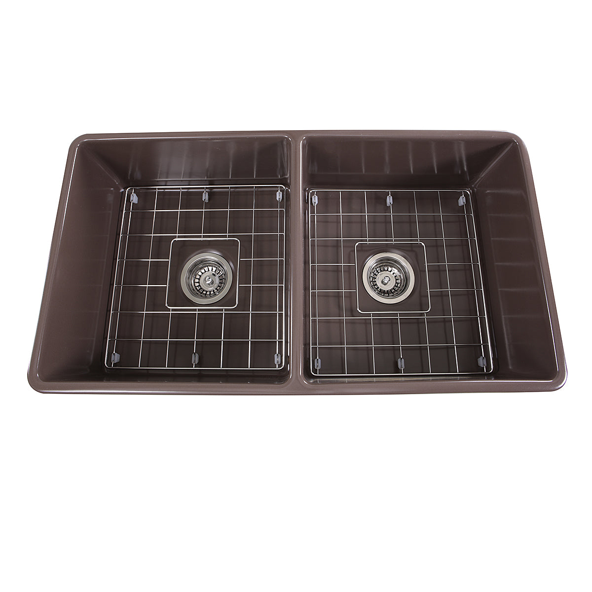 Nantucket Sinks Cape Collection 33" Rectangle Undermount Porcelain Enamel Glaze Coffee Brown Fireclay Double Bowl Farmhouse Apron Kitchen Sink