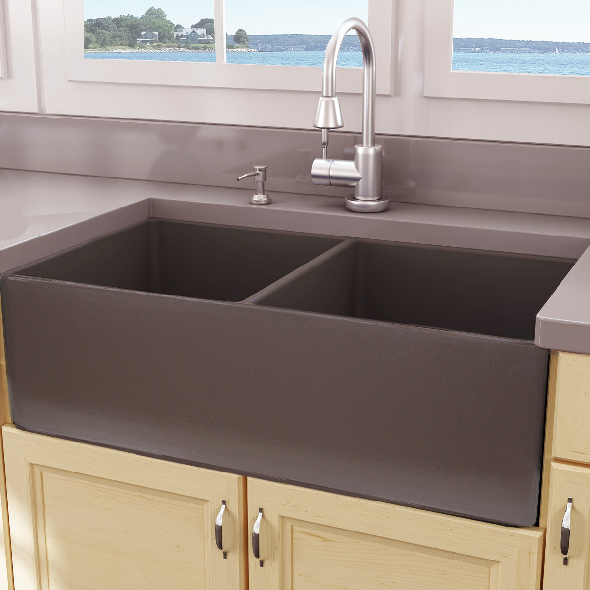 Nantucket Sinks Cape Collection 33" Rectangle Undermount Porcelain Enamel Glaze Coffee Brown Fireclay Double Bowl Farmhouse Apron Kitchen Sink