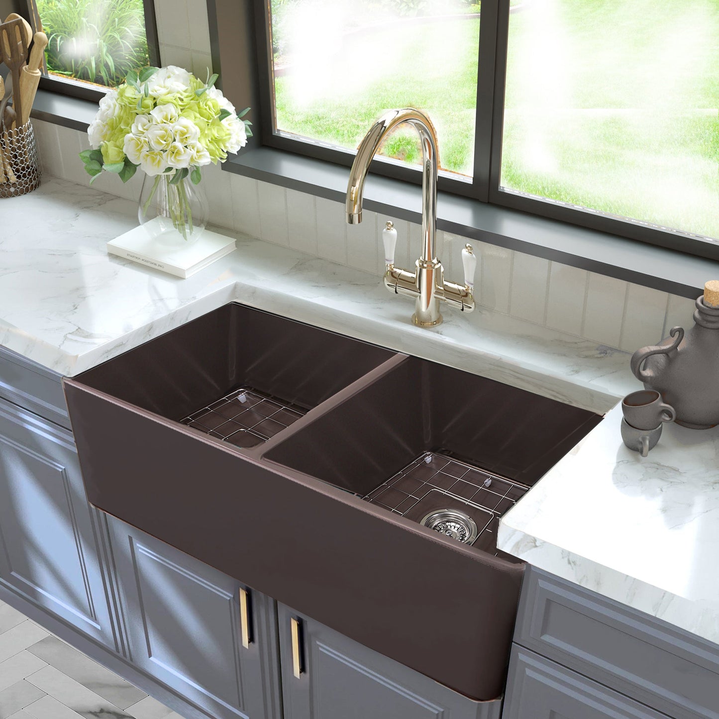 Nantucket Sinks Cape Collection 33" Rectangle Undermount Porcelain Enamel Glaze Coffee Brown Fireclay Double Bowl Farmhouse Apron Kitchen Sink
