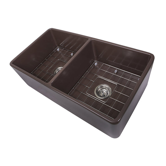 Nantucket Sinks Cape Collection 33" Rectangle Undermount Porcelain Enamel Glaze Coffee Brown Fireclay Double Bowl Farmhouse Apron Kitchen Sink