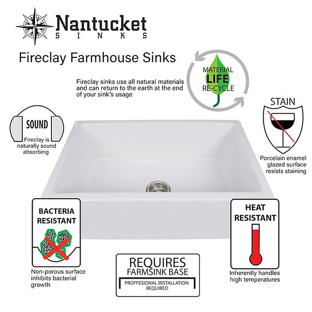 Nantucket Sinks Cape Collection 33" Rectangle Undermount Porcelain Enamel Glaze White Fireclay Single Bowl Apron Workstation Kitchen Sink
