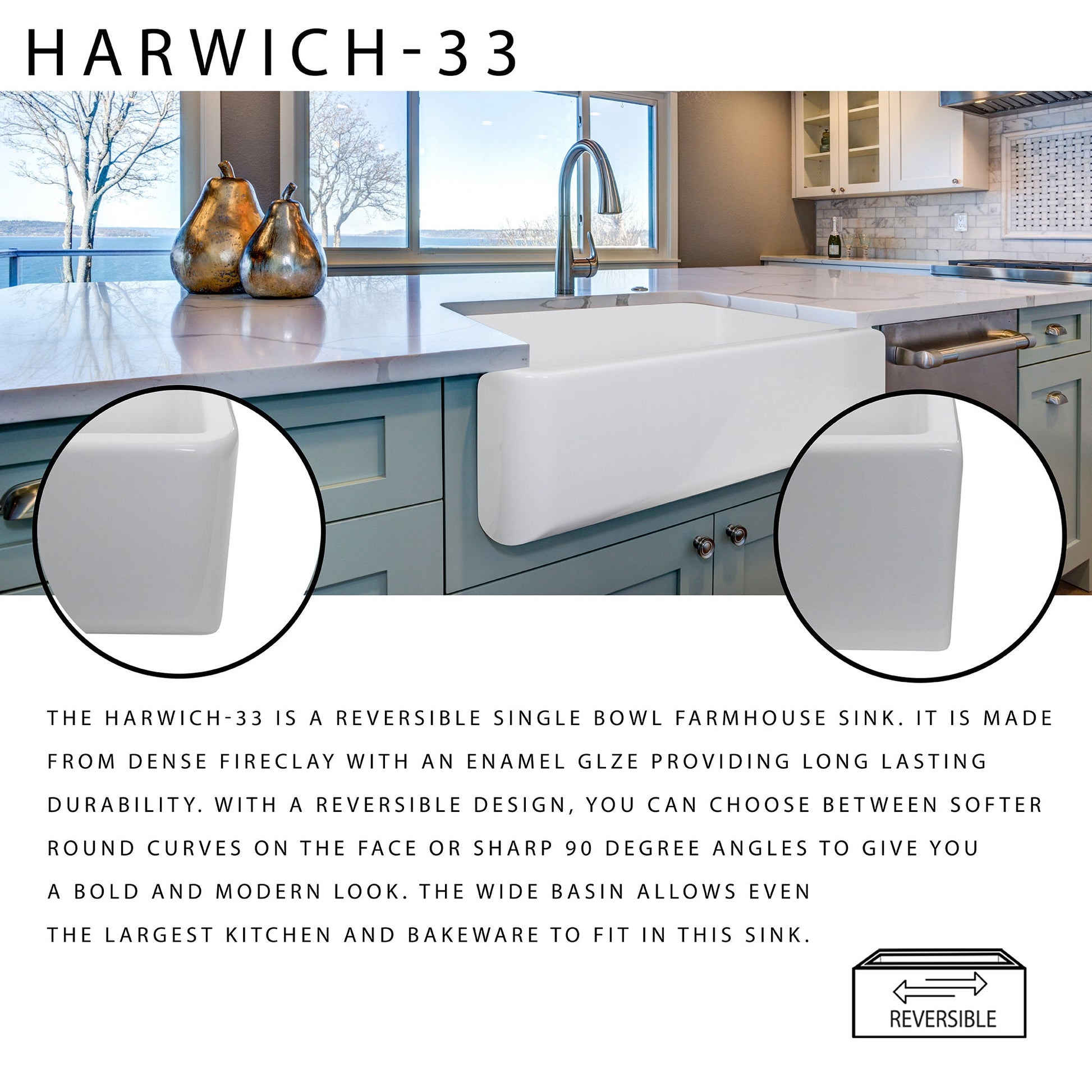 Nantucket Sinks Cape Collection 33" Rectangle Undermount Porcelain Enamel Glaze White Fireclay Single Bowl Italian Farmhouse Apron Kitchen Sink