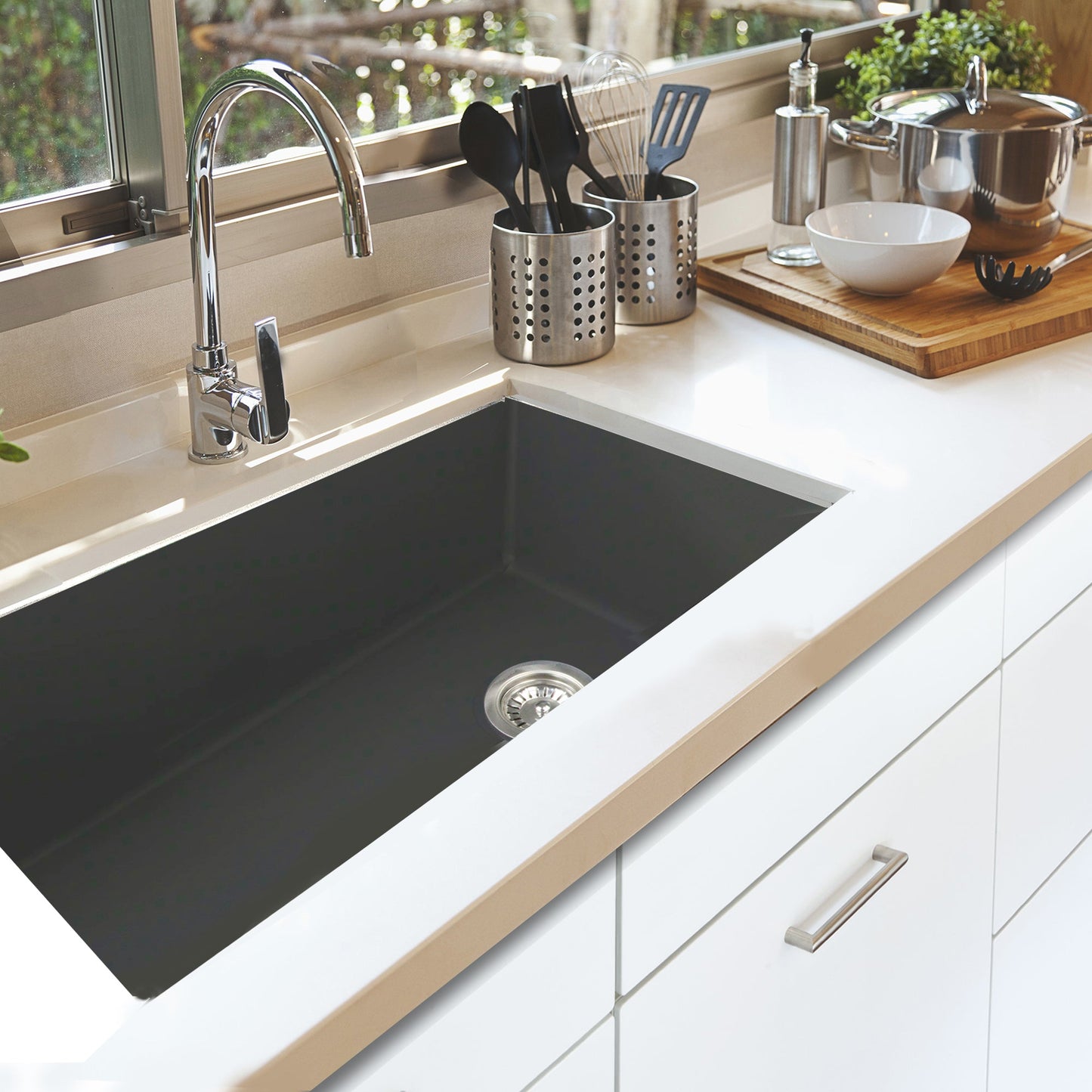 Nantucket Sinks Cape Collection 34" Rectangle Dual-mount Porcelain Enamel Glaze Matte Black Fireclay Single Bowl Kitchen Sink