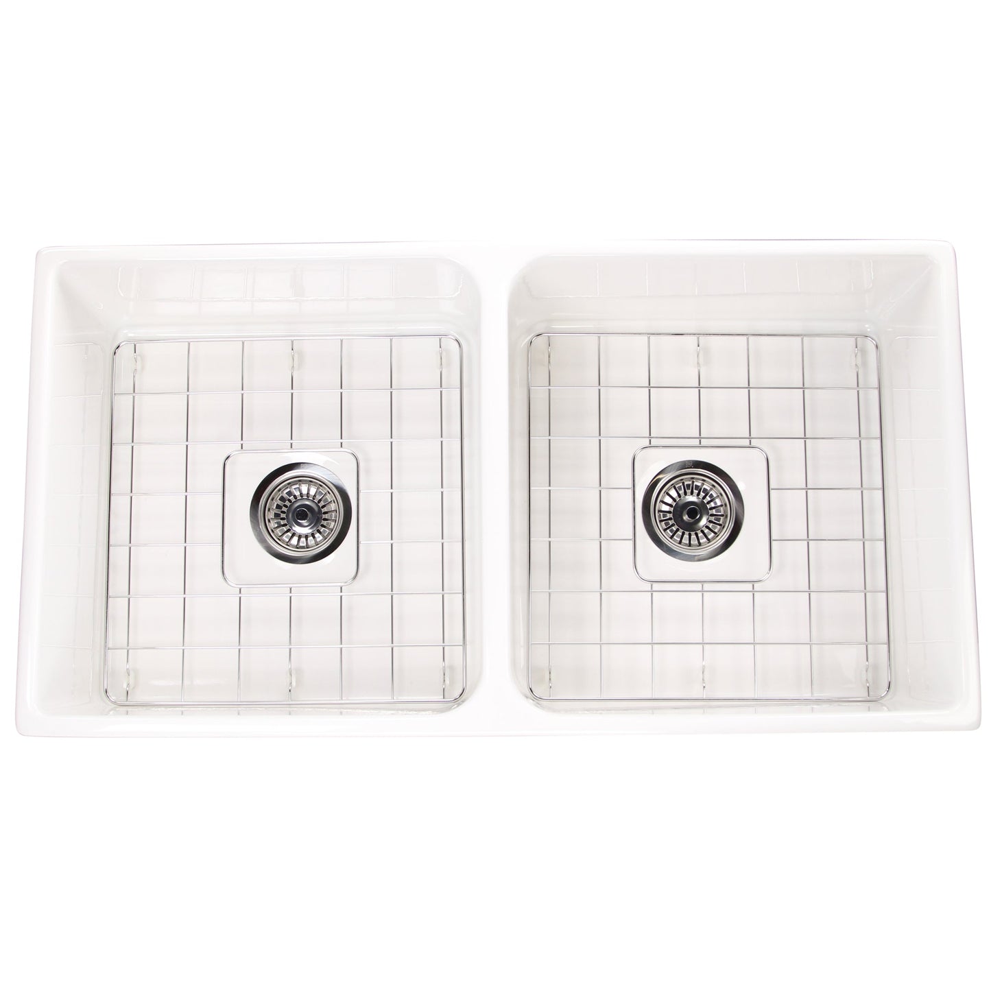 Nantucket Sinks Cape Collection 36" Rectangle Undermount Porcelain Enamel Glaze White Fireclay Double Bowl Farmhouse Apron Kitchen Sink With Drains and Grids