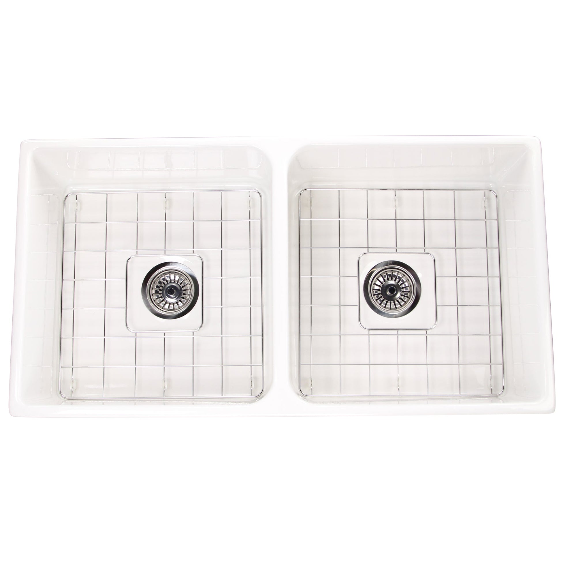 Nantucket Sinks Cape Collection 36" Rectangle Undermount Porcelain Enamel Glaze White Fireclay Double Bowl Farmhouse Apron Kitchen Sink With Drains and Grids