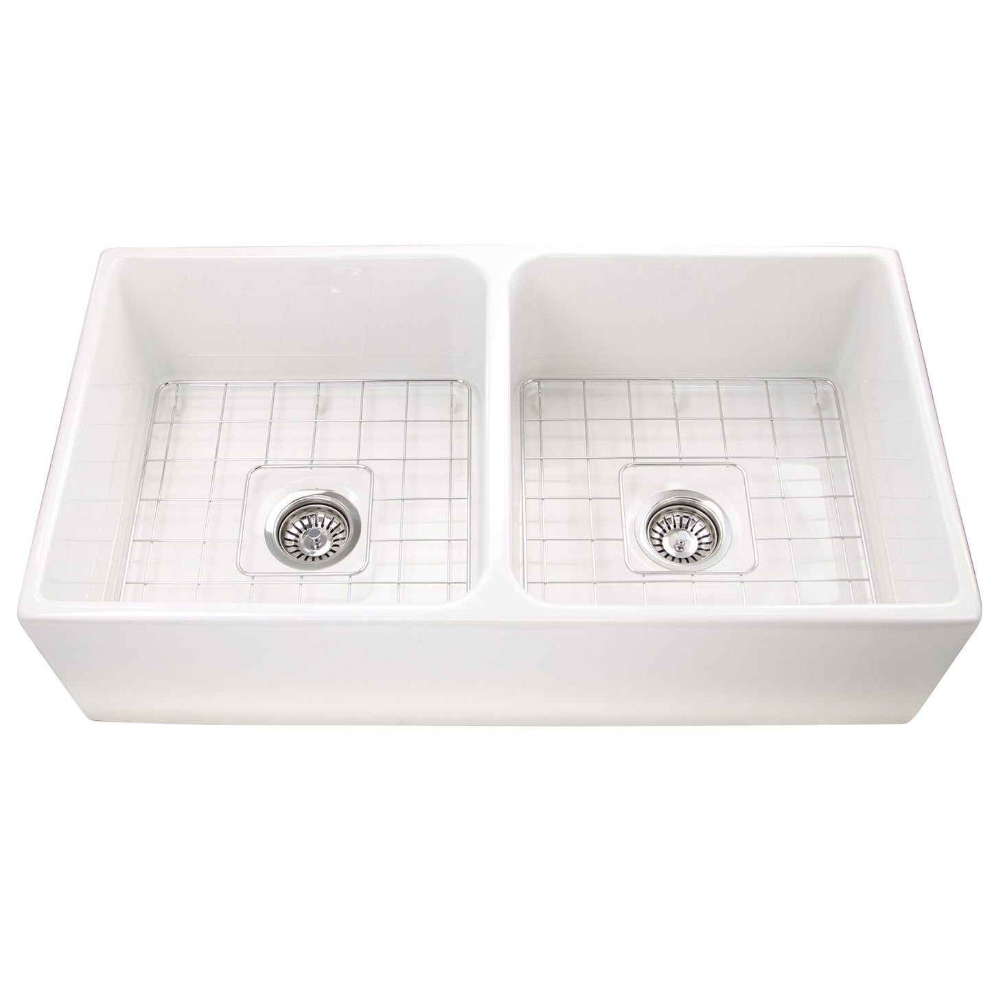 Nantucket Sinks Cape Collection 36" Rectangle Undermount Porcelain Enamel Glaze White Fireclay Double Bowl Farmhouse Apron Kitchen Sink With Drains and Grids