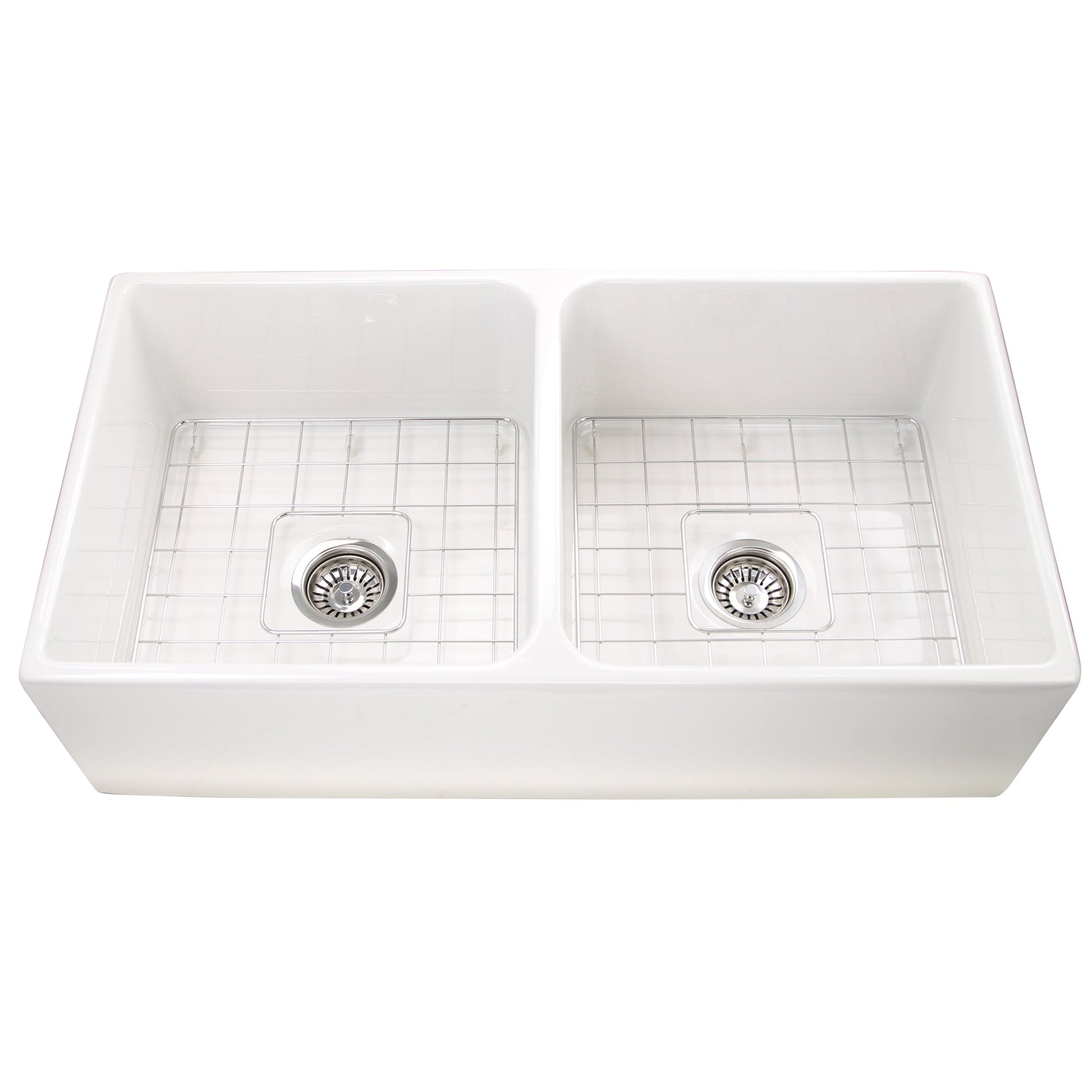 Nantucket Sinks Cape Collection 36" Rectangle Undermount Porcelain Enamel Glaze White Fireclay Double Bowl Farmhouse Apron Kitchen Sink With Drains and Grids