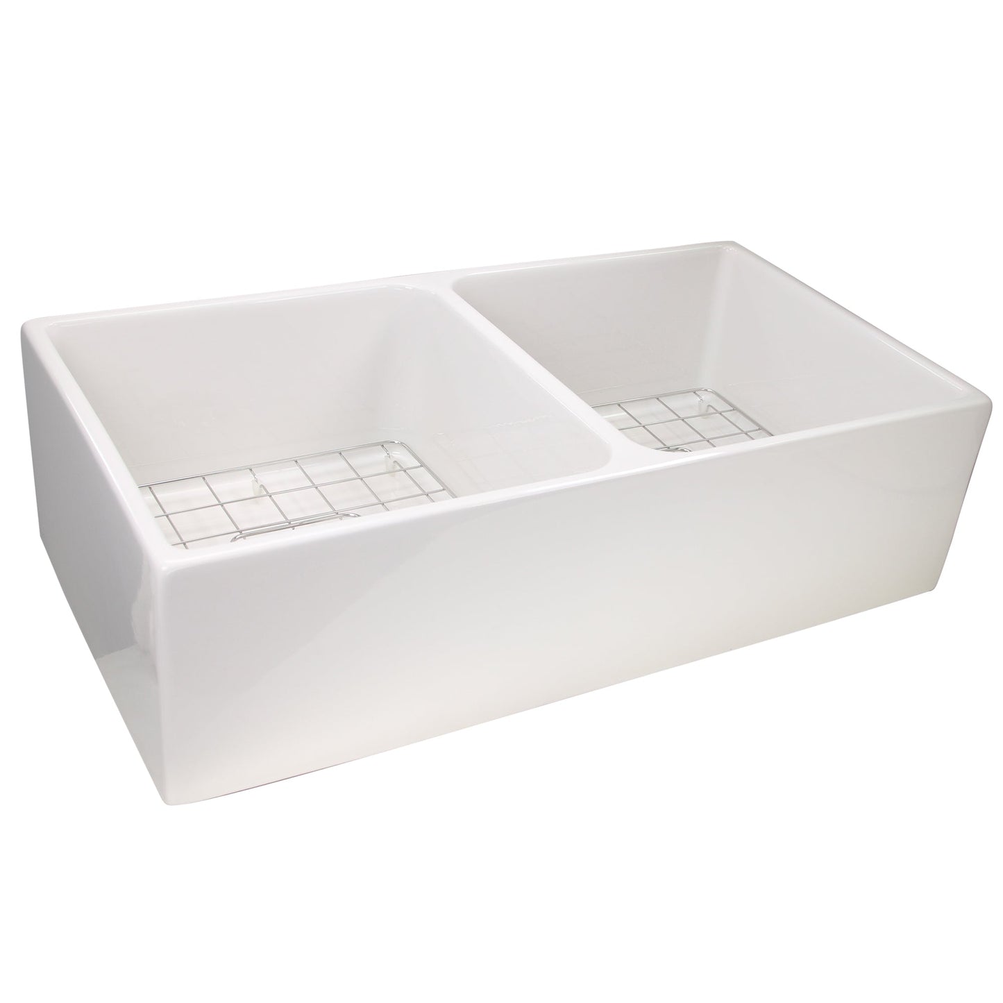 Nantucket Sinks Cape Collection 36" Rectangle Undermount Porcelain Enamel Glaze White Fireclay Double Bowl Farmhouse Apron Kitchen Sink With Drains and Grids