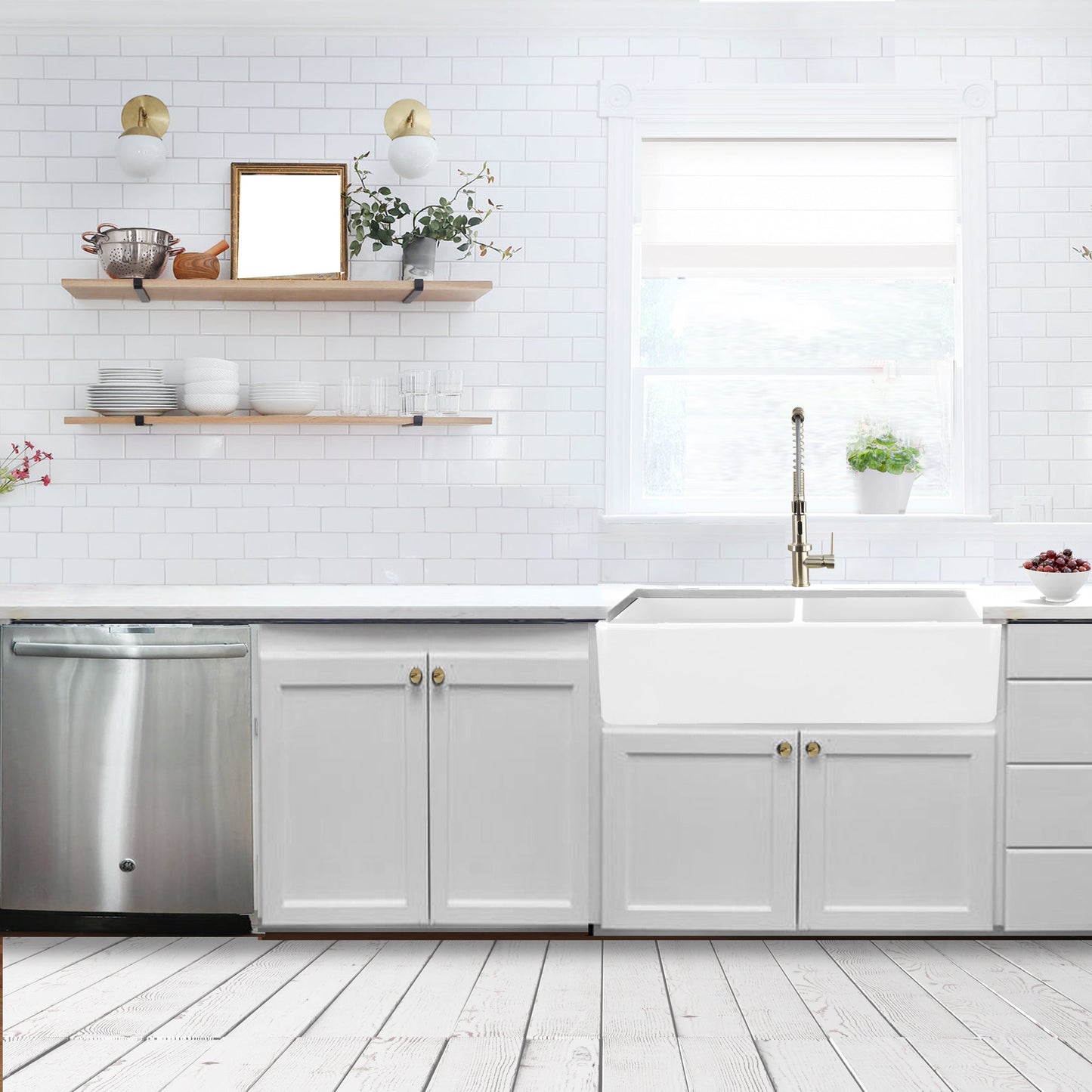 Nantucket Sinks Cape Collection 36" Rectangle Undermount Porcelain Enamel Glaze White Fireclay Double Bowl Farmhouse Apron Kitchen Sink With Drains and Grids