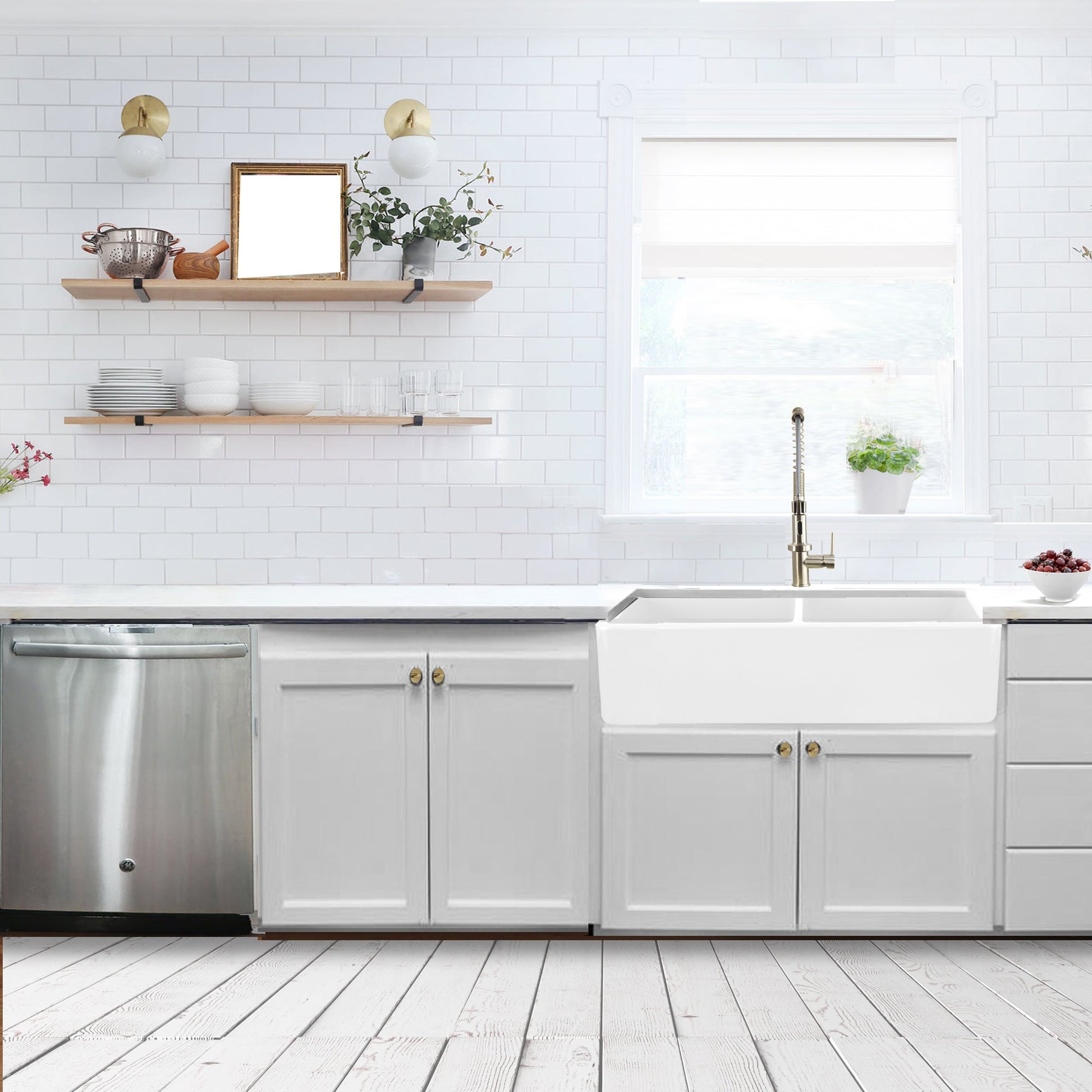 Nantucket Sinks Cape Collection 36" Rectangle Undermount Porcelain Enamel Glaze White Fireclay Double Bowl Farmhouse Apron Kitchen Sink With Drains and Grids