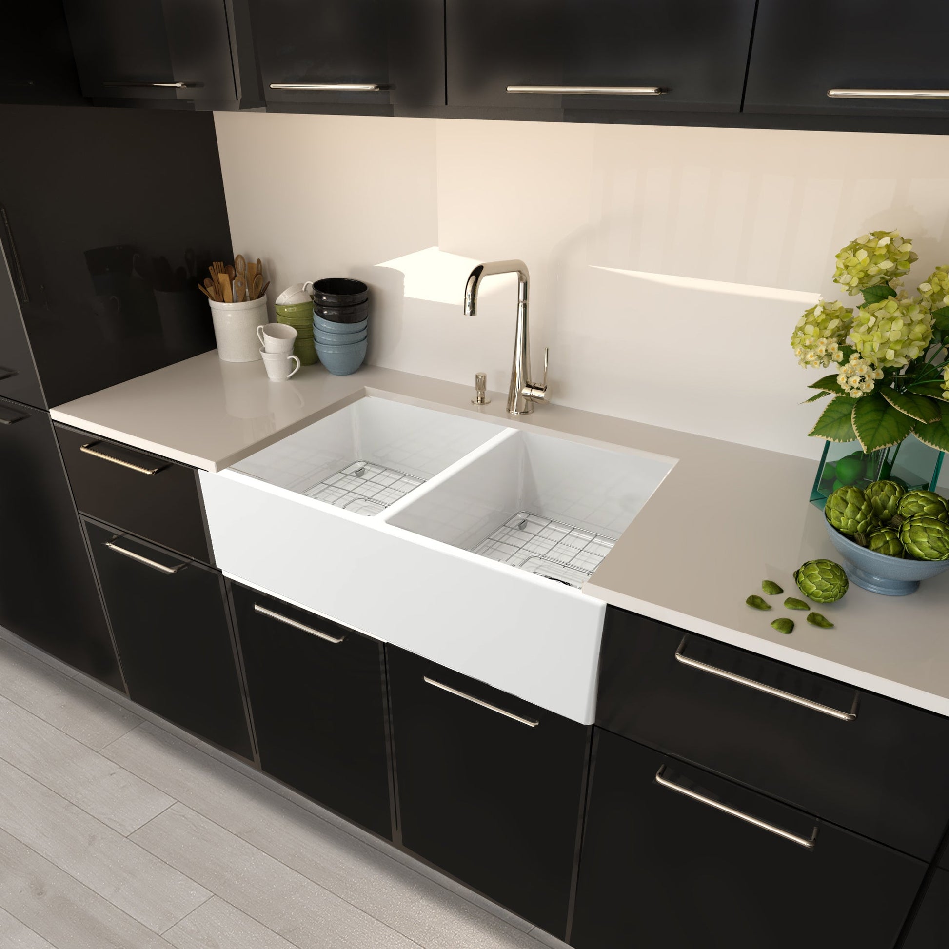 Nantucket Sinks Cape Collection 36" Rectangle Undermount Porcelain Enamel Glaze White Fireclay Double Bowl Farmhouse Apron Kitchen Sink With Drains and Grids