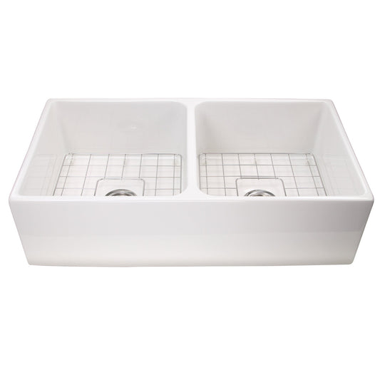 Nantucket Sinks Cape Collection 36" Rectangle Undermount Porcelain Enamel Glaze White Fireclay Double Bowl Farmhouse Apron Kitchen Sink With Drains and Grids
